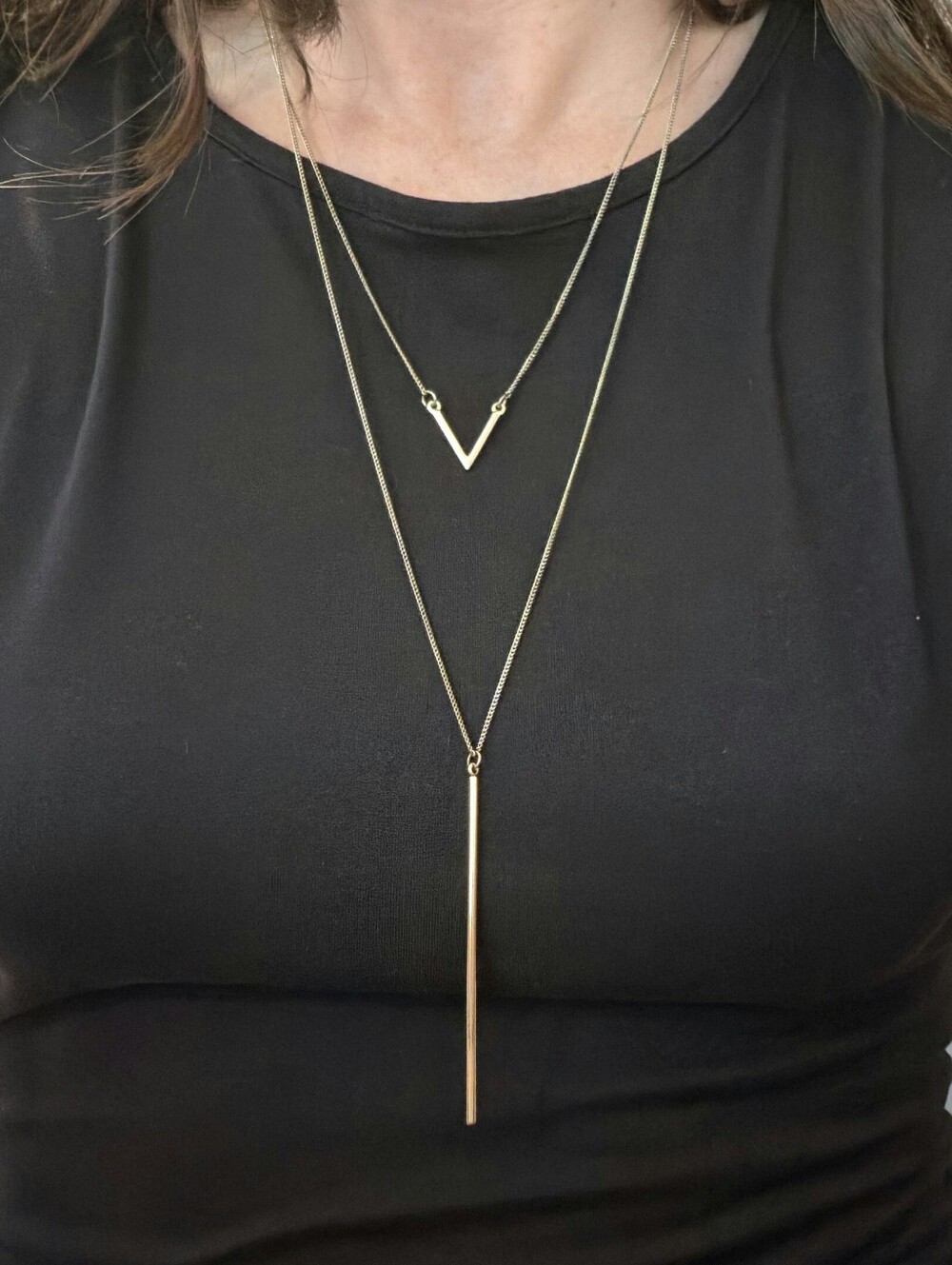 Gold Tone Double Necklace | Long Pendant Bar | Modern Layered Statement